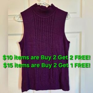 PURPLE CABLE KNIT MOCK TURTLE SLEEVELESS SWEATER SIZE SMALL